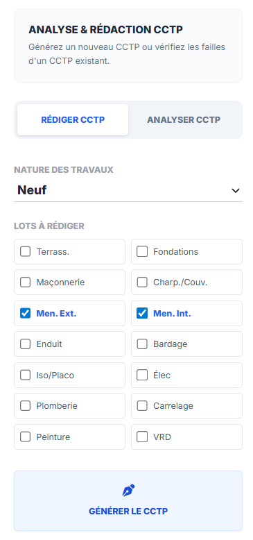 Sélection des corps d'état et configuration des lots techniques dans Klysia