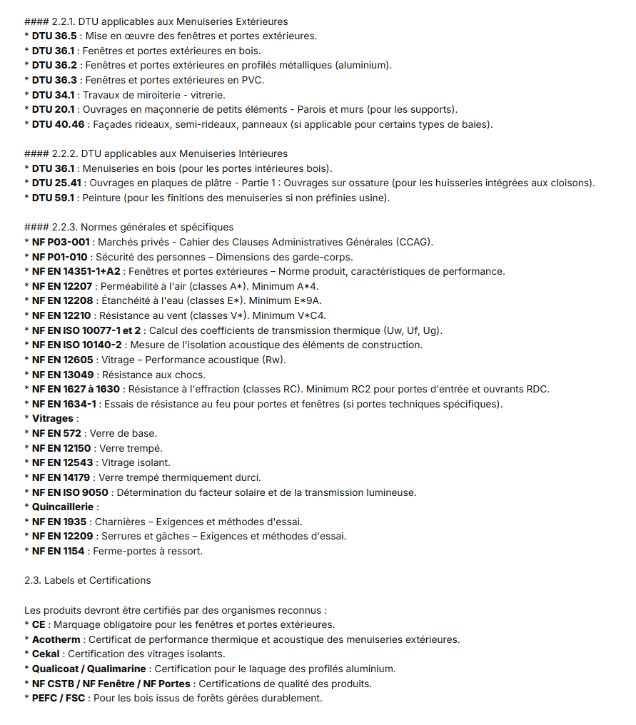 Aperçu du texte descriptif technique généré avec intégration des articles DTU applicables