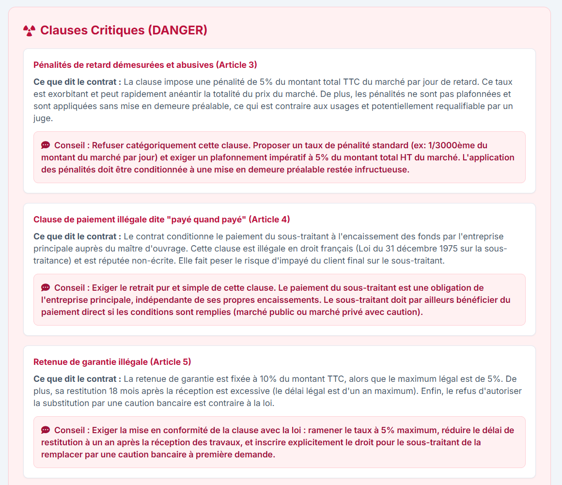 Sugerencias alternativas y cláusulas correctivas editadas por el asistente contractual Klysia
